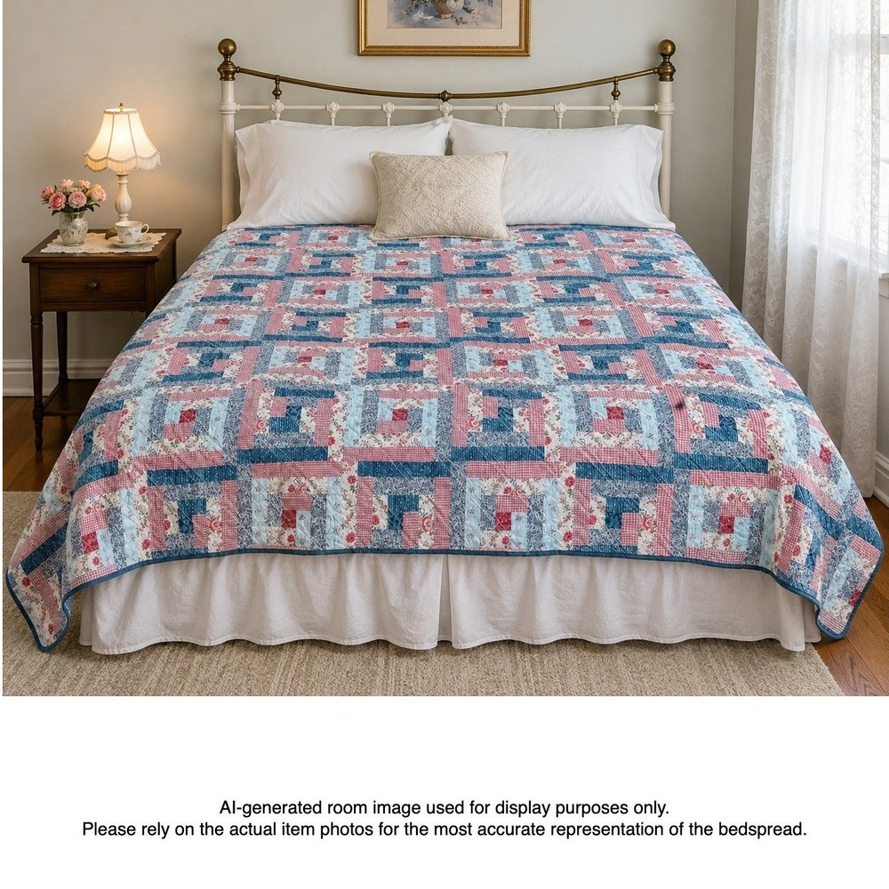 Colormate Full Size Patchwork Quilt Vintage Floral Gingham Log Cabin Pattern